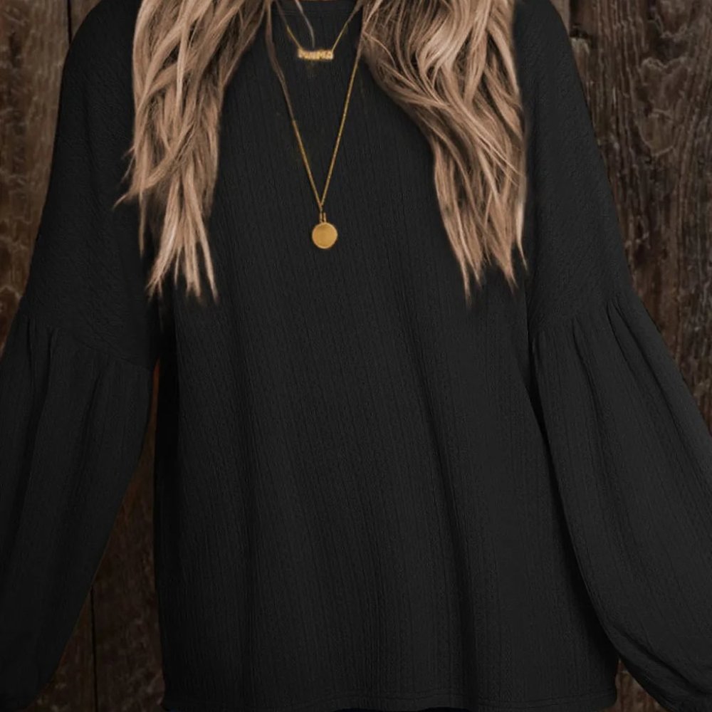 Black Faux Knit Jacquard Puffy Long Sleeve Top - Picture 3 of 5